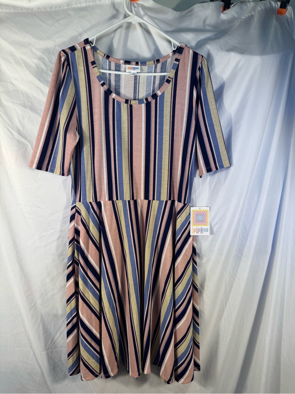 NWT LuLaRoe Nicole Dress XL Pastel Striped Scoop Neck Circle Skirt Midi Skater